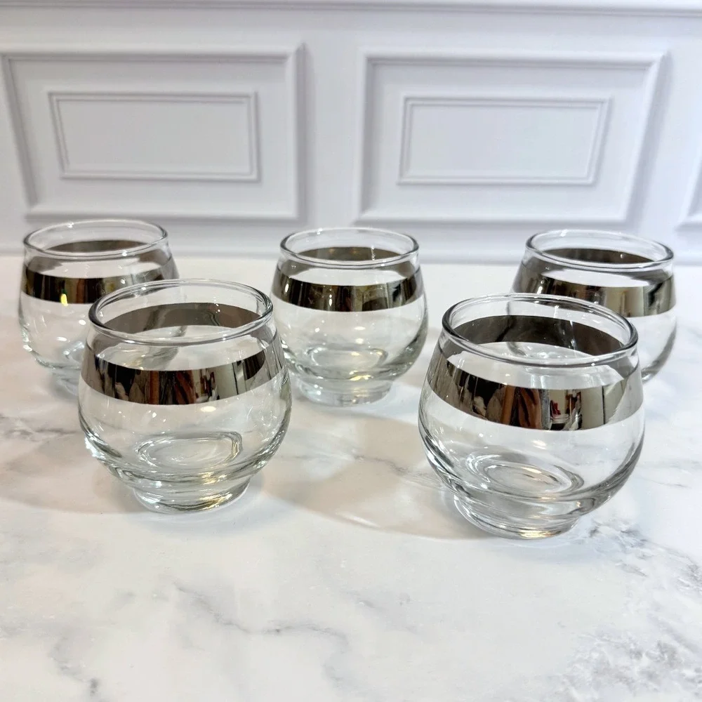 VTG Set of 5 Libbey Silver Overlay Stripe Roly Poly 4‎ oz Cocktail Glasses